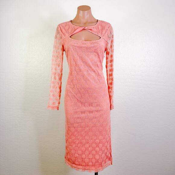 BB Dakota 90s y2k Daisy Floral Sleeve Twist Lace Midi Dress Softgirl Coral M NWT - Picture 1 of 13